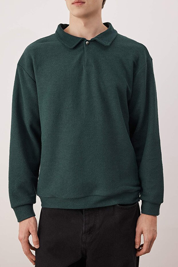 Petrol Yeşili Yeni Oversize/Geniş Kesim Polo Yaka Kalın Çıtçıtlı Sweatshirt TMNAW26SW00051 - 3