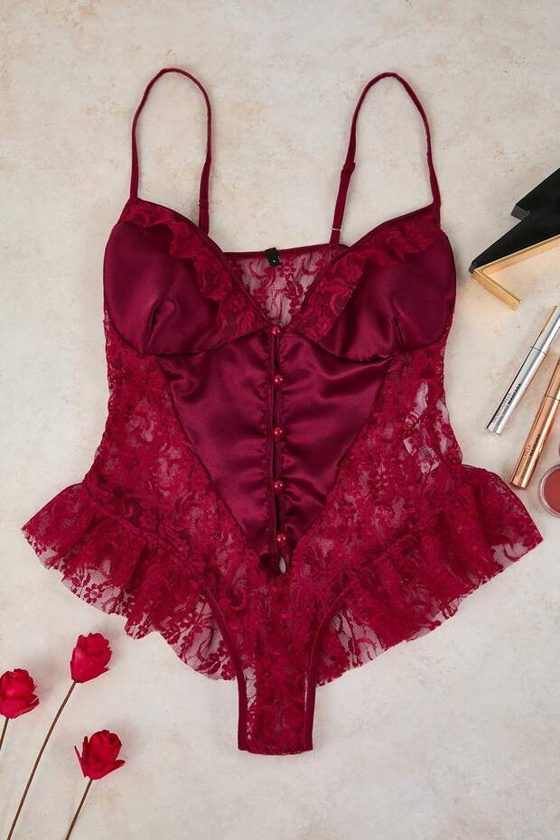 Bordo Dantel ve Saten Birliktelikli Fırfırlı Kapsız Fantezi Body THMAW26BD00003 - 6