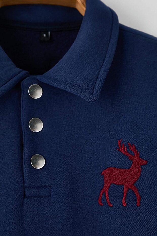 Lacivert Yeni Oversize/Geniş Kesim Soft Kalite İçi Polarlı Polo Yaka Sweatshirt TMNAW26SW00004 - 7