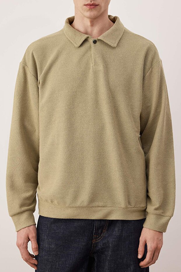 Taş Yeni Oversize/Geniş Kesim Polo Yaka Kalın Çıtçıtlı Sweatshirt TMNAW26SW00051 - 3