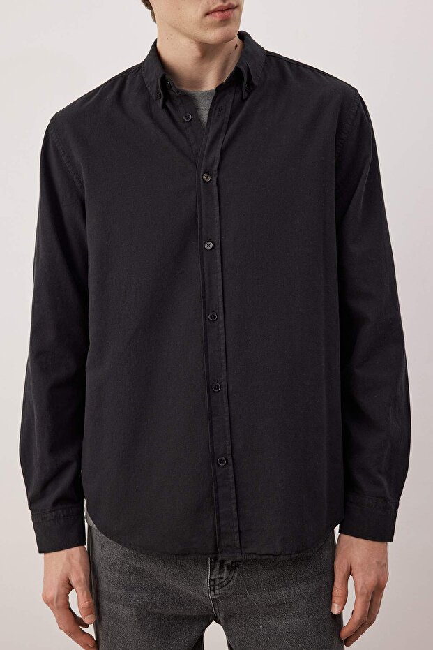 Siyah Unisex Regular Fit %100 Pamuklu Keten Görünümlü Gömlek TMNSS23GO00099 - 3