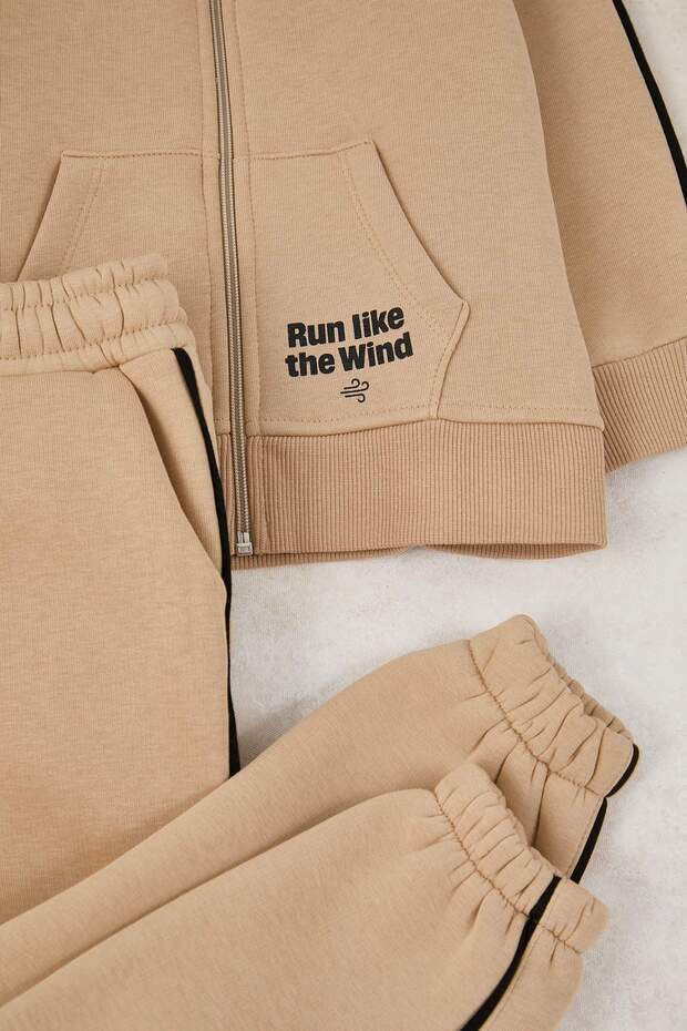 Bej Kapüşonlu Baskılı Kalın/İçi Polarlı Örme Unisex Çocuk Alt - Üst Takım TKDAW26AU00061 - 4