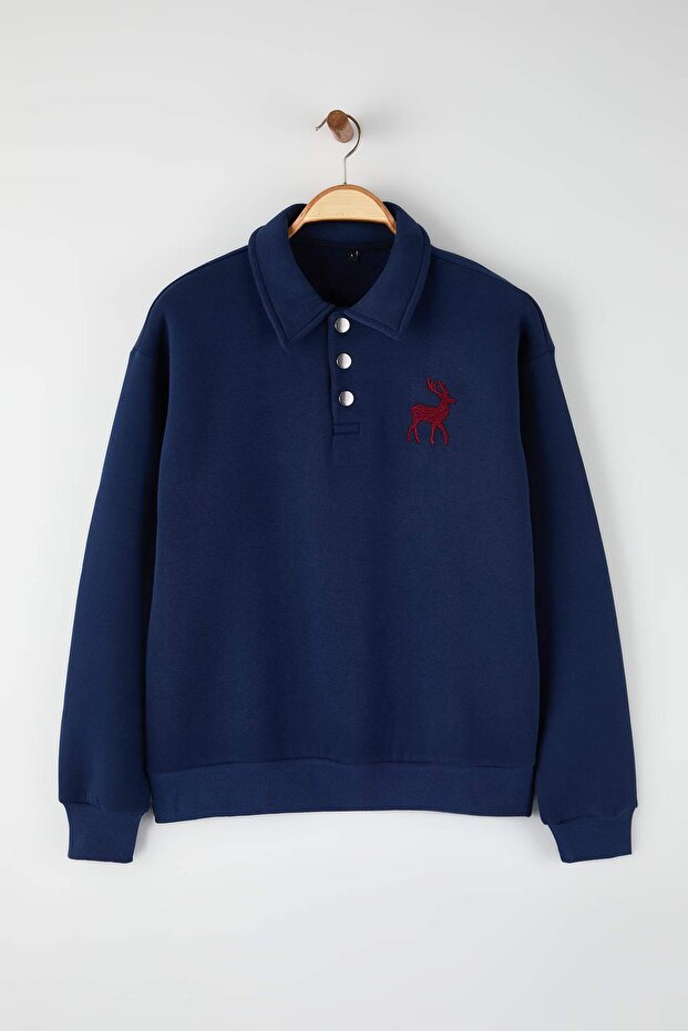 Lacivert Yeni Oversize/Geniş Kesim Soft Kalite İçi Polarlı Polo Yaka Sweatshirt TMNAW26SW00004 - 5