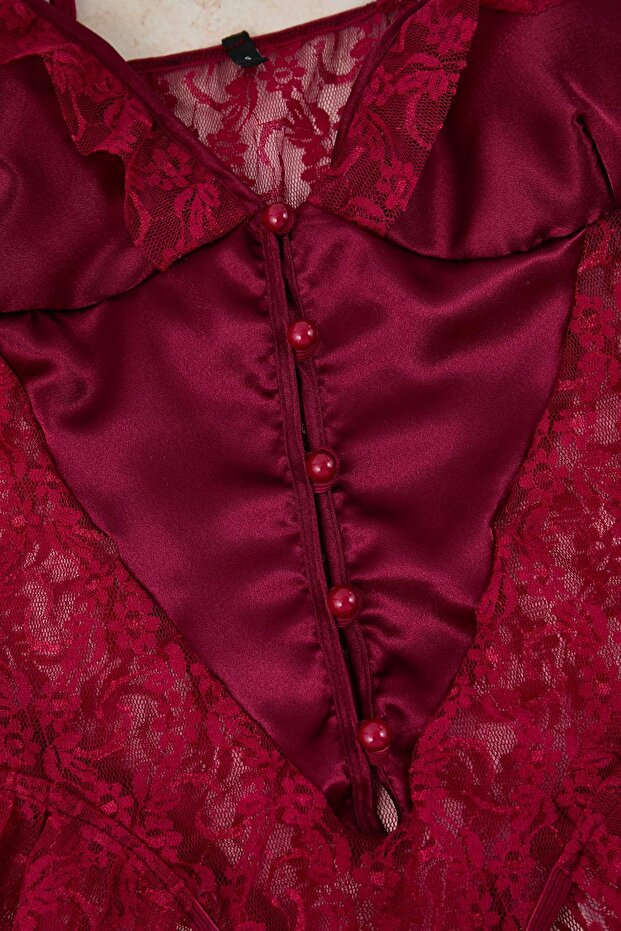 Bordo Dantel ve Saten Birliktelikli Fırfırlı Kapsız Fantezi Body THMAW26BD00003 - 7