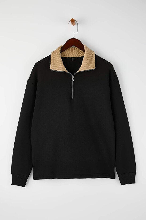 Siyah Yaka Detaylı Dik Yaka Yeni Oversize/Geniş Kesim Kalın/İçi Polarlı Sweatshirt TMNAW26SW00003 - 6