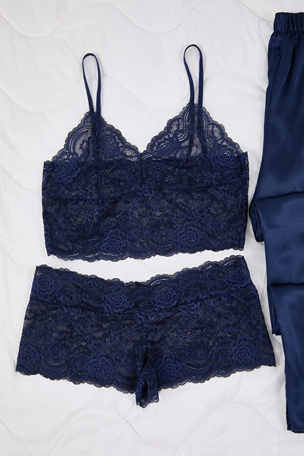Lacivert 3'lü Çeyiz Set Üst Dantel, Alt Saten Askılı Külotlu Dokuma Pijama Takımı TBBAW26AI00043 - 3