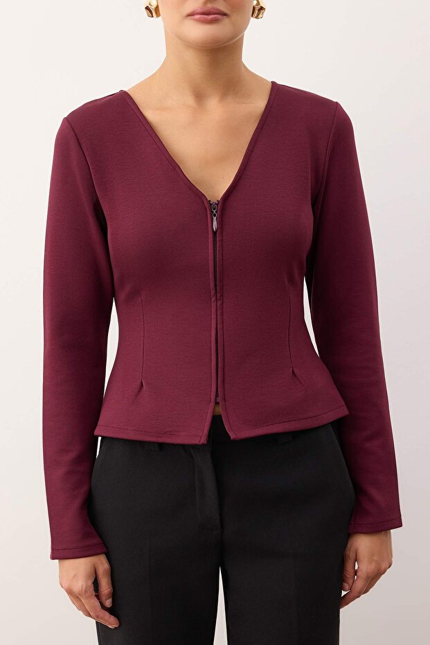 Mürdüm Soft Touch V Yaka Fermuarlı Regular/Normal Kesim Örme Bluz TWOAW26BZ00180 - 3