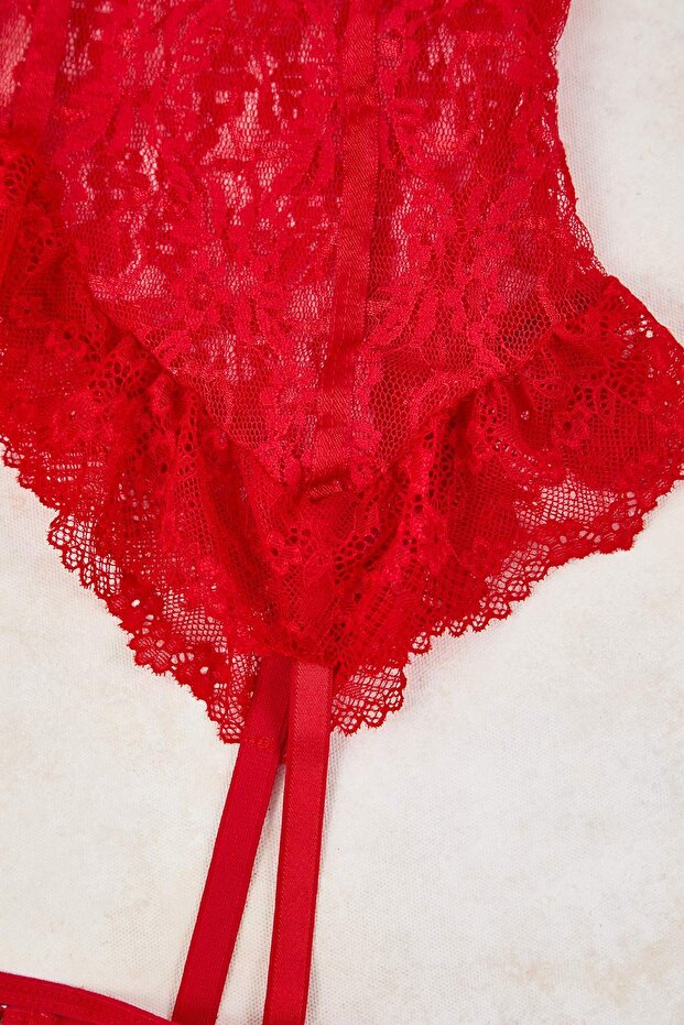Kırmızı Jartiyerli Kapsız Fırfırlı Külotlu Dantel Askılı Babydoll/Fantezi Gecelik THMAW26LL00001 - 7