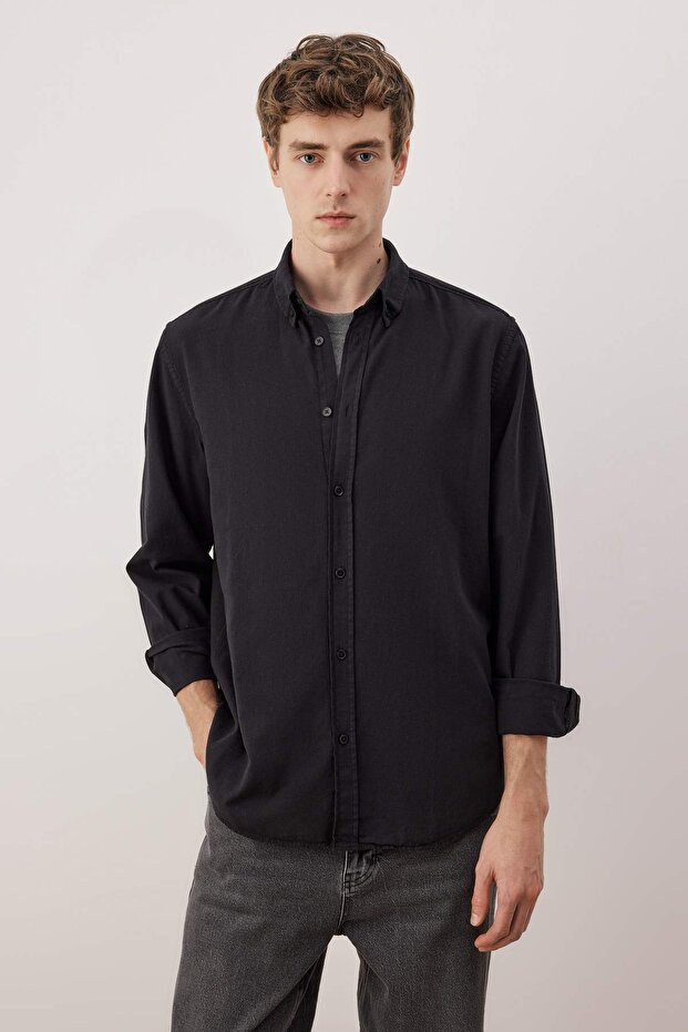 Siyah Unisex Regular Fit %100 Pamuklu Keten Görünümlü Gömlek TMNSS23GO00099 - 1