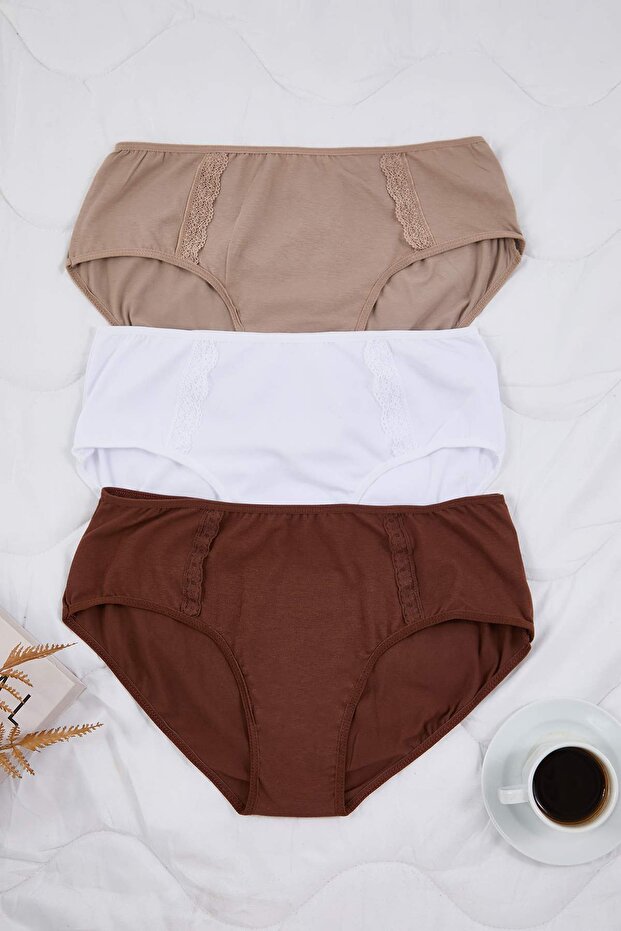 Kahverengi-Çok Renkli 3'lü Paket Pamuklu Örme Esnek Klasik Büyük Beden Külot TBBAW25CM00003 - 12
