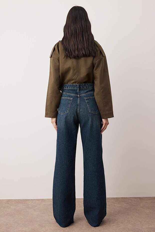 Lacivert Yüksek Bel Paçası Kesikli Geniş Paça Wide Leg Jeans TWOAW26JE00089 - 4