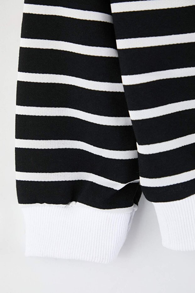 Siyah-Beyaz Çizgili Regular Fit Bisiklet Yaka Büyük Beden Sweatshirt TBBAW26AO00043 - 6