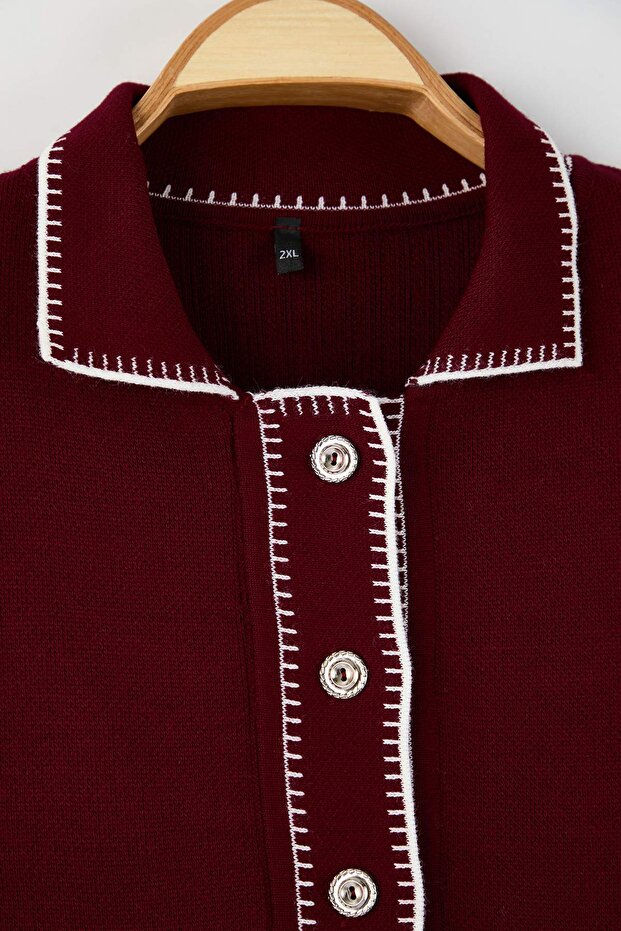 Bordo Polo Yaka Nakışlı/İşlemeli Triko Hırka TBBAW26AV00021 - 7