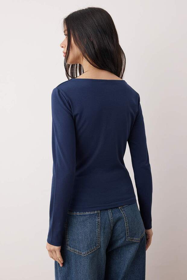 Gri Melanj-Lacivert İkili Paket Kayık Yaka Fitted/Vücuda Oturan Örme Bluz TWOAW25BZ00062 - 4