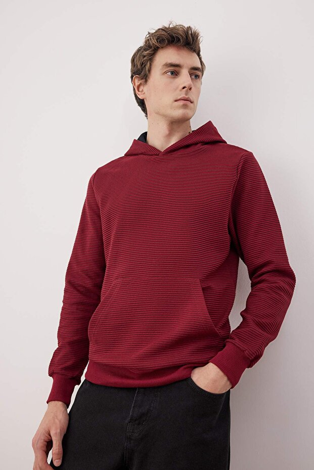 Burgundy Regular/Normal Cut Hooded Textured Sweatshirt Tmnaw26Sw00068