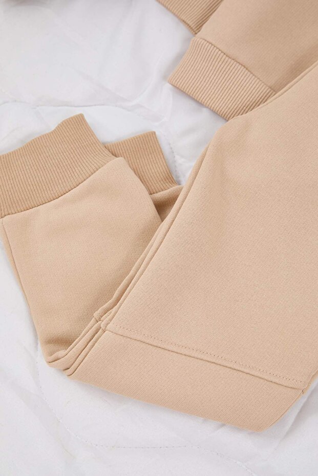 Bej*002 Unisex Çocuk Pamuklu Düz Dik Yaka Oversize Örme Alt - Üst Takım TKDAW26AU00025 - 3
