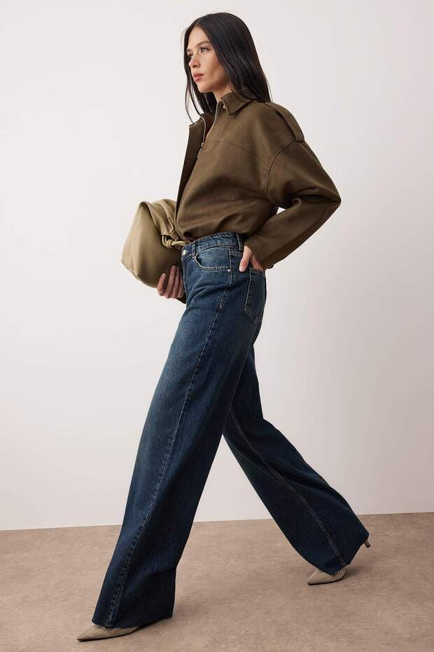 Lacivert Yüksek Bel Paçası Kesikli Geniş Paça Wide Leg Jeans TWOAW26JE00089 - 2