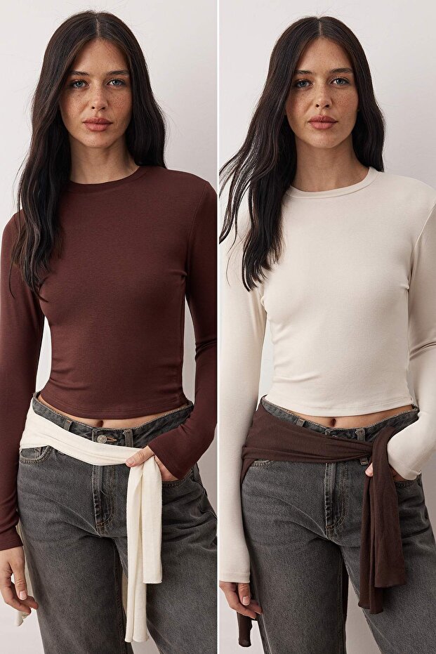 Taş-Koyu Kahverengi İkili Paket Crop/Kısa Fitted/Vücuda Oturan Örme Bluz TWOAW25BZ00061 - 1