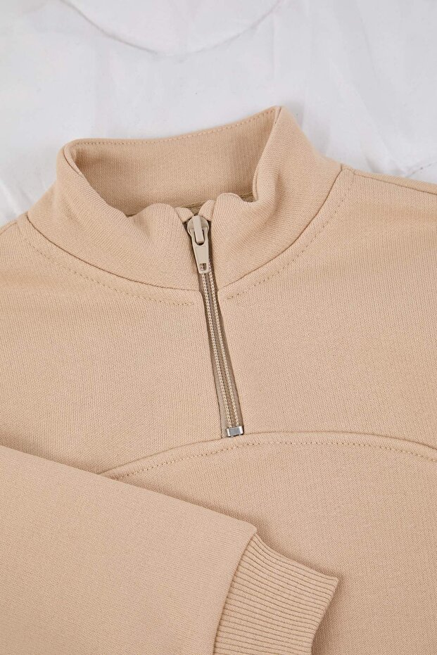 Bej*002 Unisex Çocuk Pamuklu Düz Dik Yaka Oversize Örme Alt - Üst Takım TKDAW26AU00025 - 4