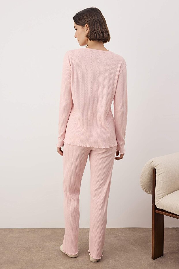 Pembe Hırkalı Pointel/Fitilli Baby Overloklu Örme Pijama Takımı THMAW26PT00219 - 4