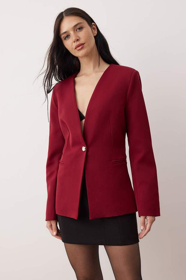 Bordo Fitted/Vücuda Oturan Tek Düğmeli Dokuma Blazer Ceket TWOAW26BC00066 - 2