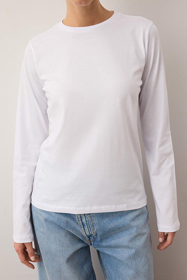 Beyaz %100 Pamuk Uzun Kollu Bisiklet Yaka Regular/Normal Kalıp Basic Örme T-Shirt TWOAW21TS0098 - 7