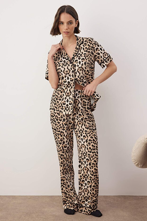 Çok Renkli %100 Pamuklu Leopar Desenli Biyeli Örme Pijama Takımı THMAW26PT00134 - 2