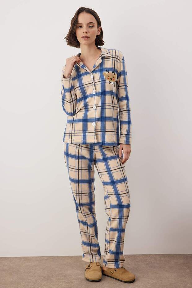 Lacivert Nakışlı Ekoseli Polar Kışlık Örme Pijama Takımı THMAW24PT00175 - 2