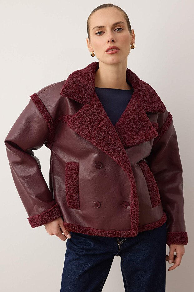 Bordo Peluş Detaylı Suni Deri Biker Ceket Mont TWOAW25MO00066 - 7