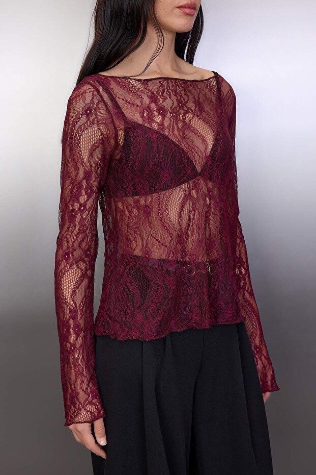 Koyu Bordo Regular Fit Kayık Yaka Dantel Esnek Örme Bluz TWOSS23BZ00795 - 3