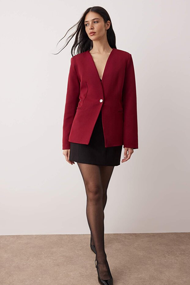 Bordo Fitted/Vücuda Oturan Tek Düğmeli Dokuma Blazer Ceket TWOAW26BC00066 - 3