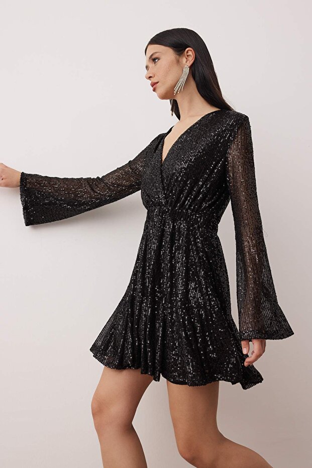 Siyah Eteği Godeli Payet Kısa / Mini Astarlı Party Elbise TPRAW26EL00122 - 2