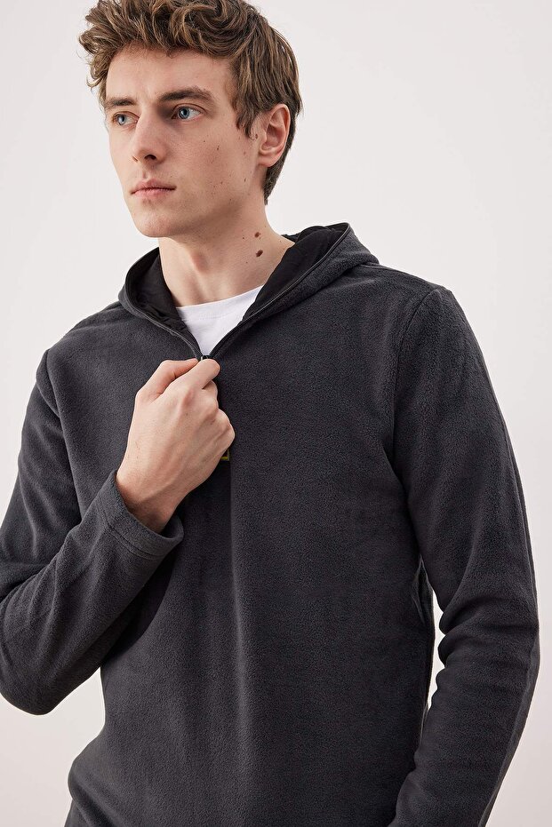 Antrasit Slim/Dar Kesim Polar Fermuarlı Kapüşonlu Sweatshirt TMNAW26SW00064 - 2