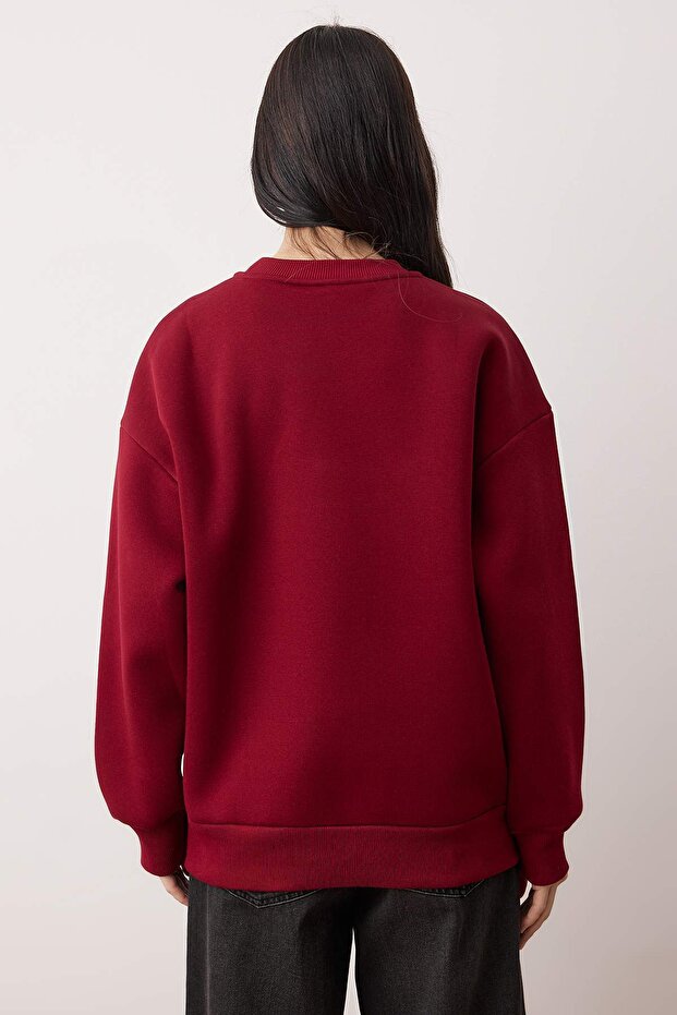 Bordo Ekose Nakışlı Oversize Kalın İçi Polarlı Örme Sweatshirt TWOAW26SW00231 - 4