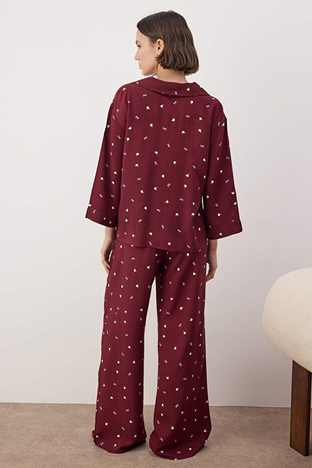 Bordo Kurdele/Fiyonklu ve Çiçekli Viskon Dokuma Pijama Takımı THMAW26PT00065 - 4