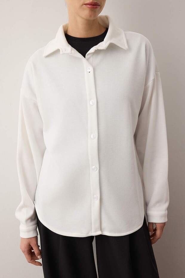 Ekru Selanik Polo Yaka Düğmeli Oversize Gömlek TWOAW26GO00117 - 4