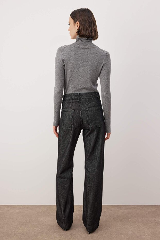 Siyah Yüksek Bel Cep Detaylı Raw Wide Leg Jeans TWOAW26JE00231 - 4