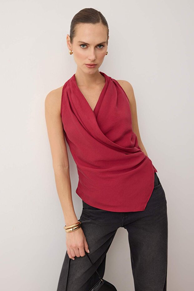 Bordo Modal Kruvaze Dokuma Bluz TWOSS25BZ00363 - 1