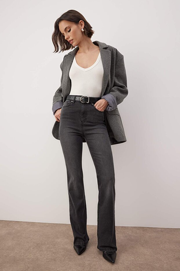 Antrasit Yüksek Bel İspanyol Paça Comfort/Esnek Flare Jeans TWOAW26JE00255 - 1