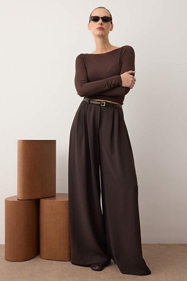 Kahverengi Kemerli Pilili Wide Leg/Extra Geniş Paça Dokuma Pantolon TWOAW25PL00032 - 2