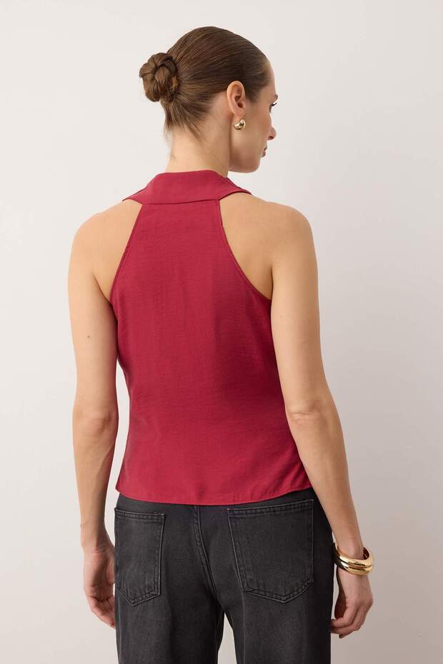 Bordo Modal Kruvaze Dokuma Bluz TWOSS25BZ00363 - 4