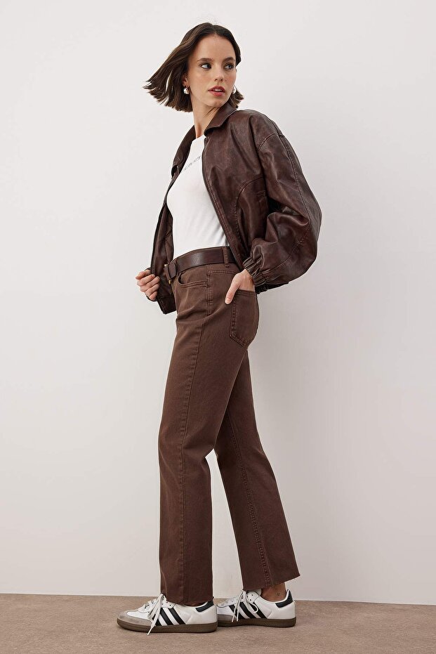 Kahverengi Yüksek Bel Comfort/Esnek Straight Jeans TWOAW26JE00302 - 2