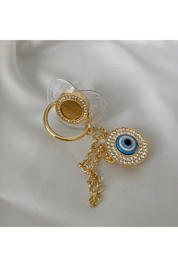 Gold Plated Evil Eye Beaded Zircon Pacifier Set - Mashallah Needle & Baby Tag Included