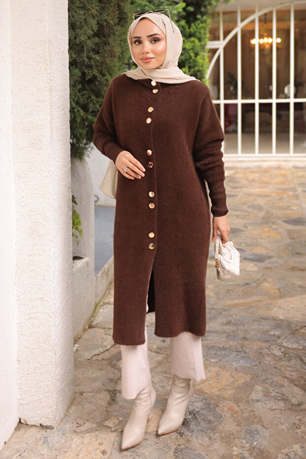 Brown Buttoned Angora Soft Knit Cardigan