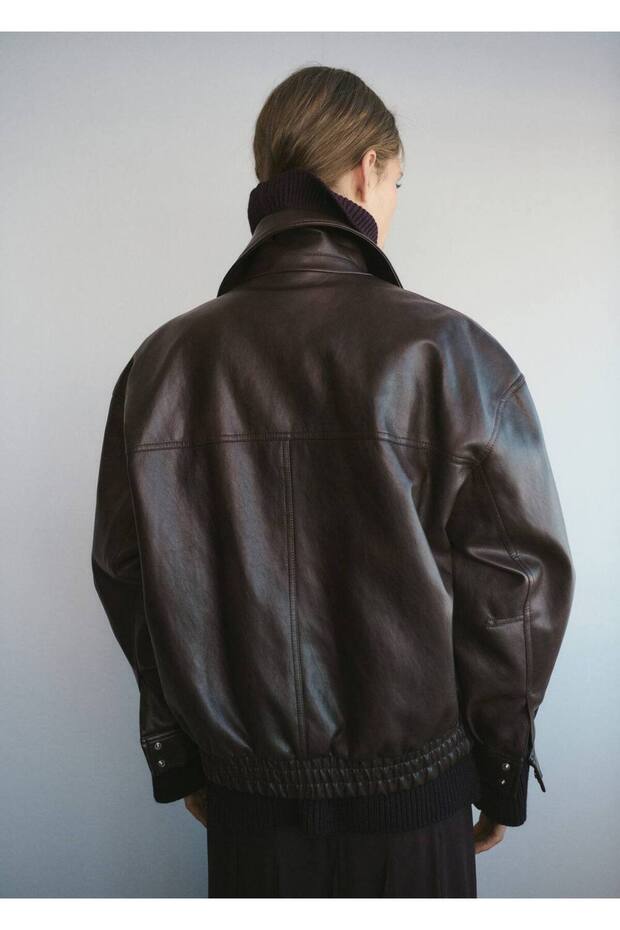 Oversize deri görünümlü ceket - 4