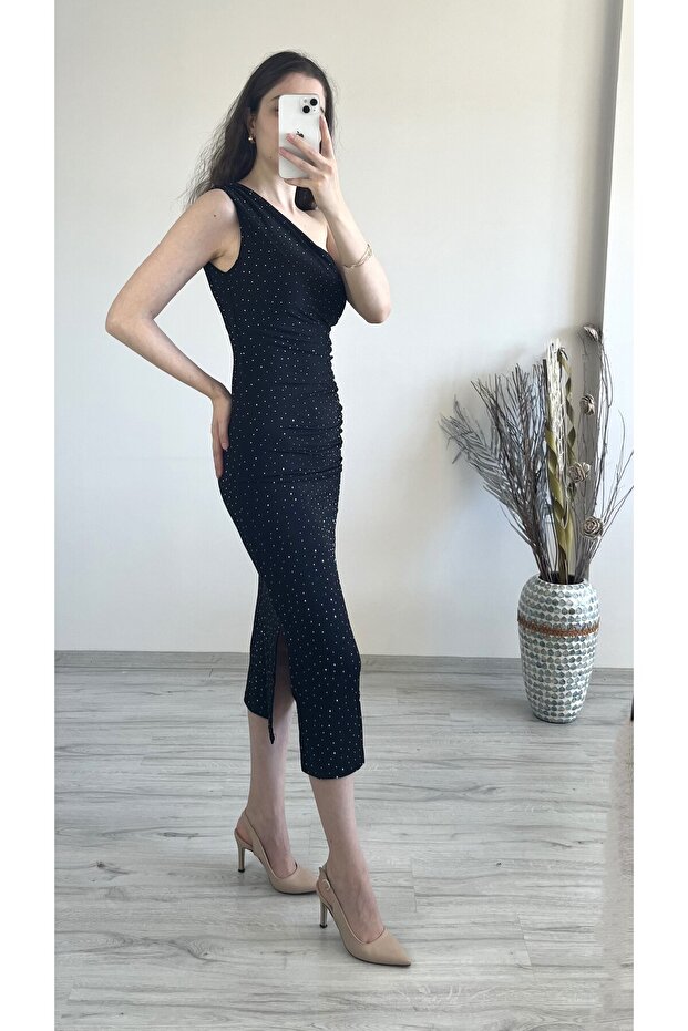 Kadın Tek Omuz Drapeli Taşlı Elbise - 2