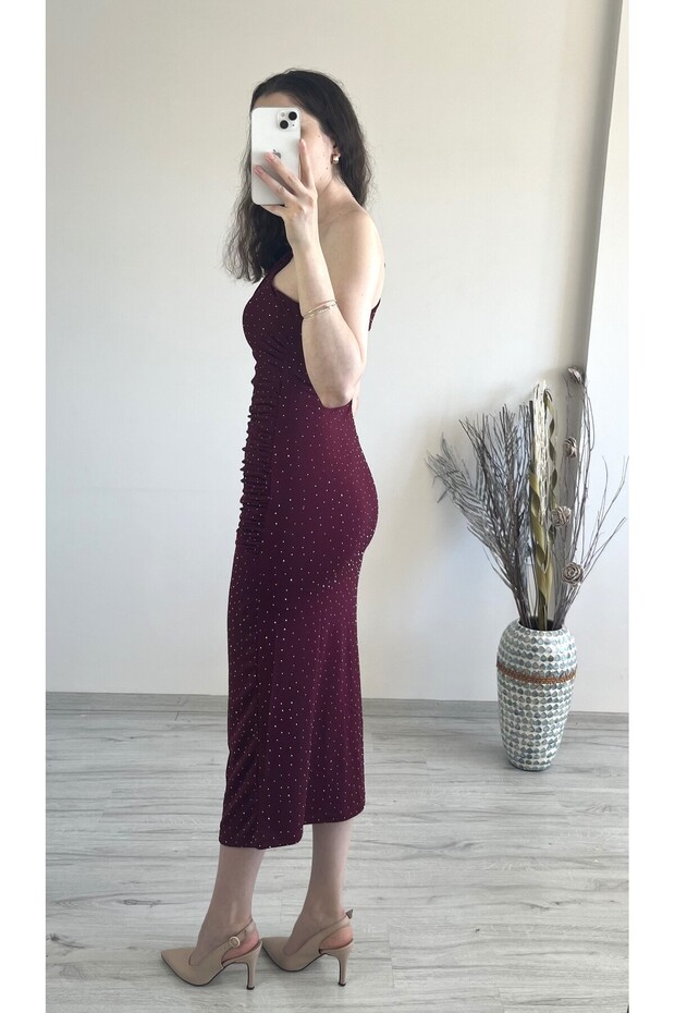 Kadın Tek Omuz Drapeli Taşlı Elbise - 5