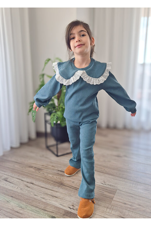 Petrol Ribbed Vintage Neck Sweatshirt & Flared Pants 2-Piece Girls' Set