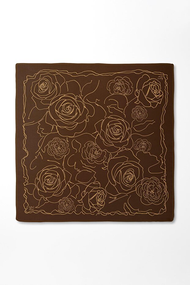 وشاح حريري بنمط الورد البني الداكن - 3