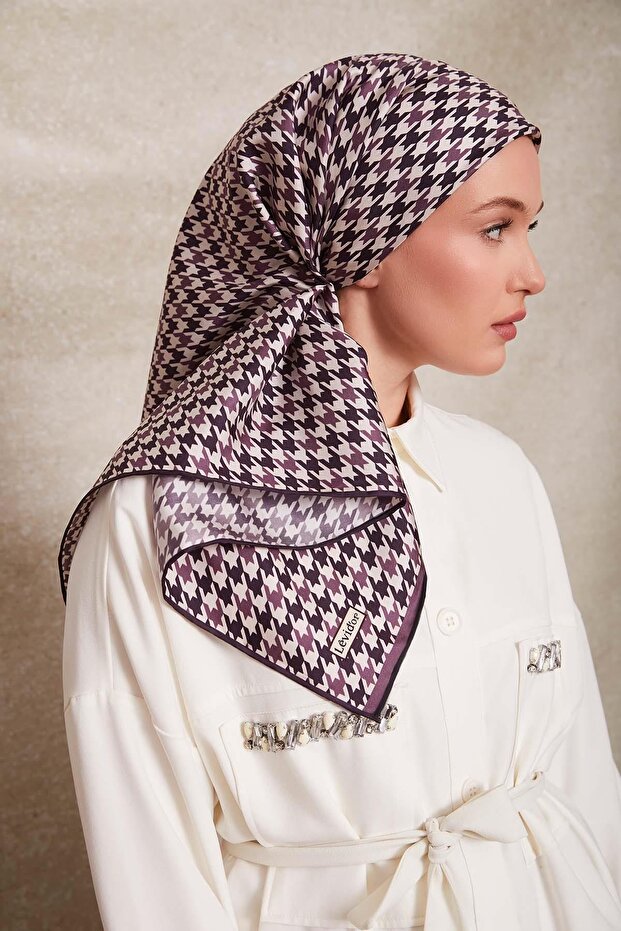 Lilac Houndstooth Pattern Twill Silk Scarf - 2